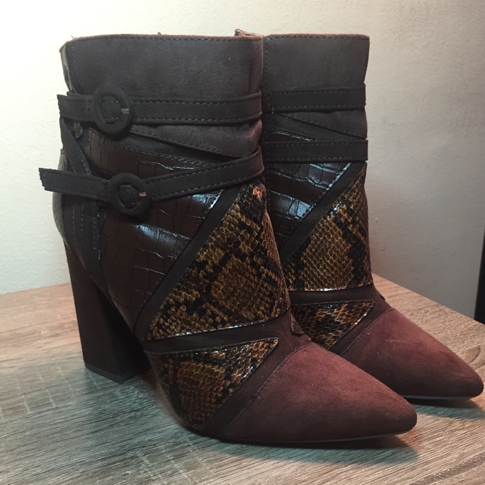 Patchwork block heel booty